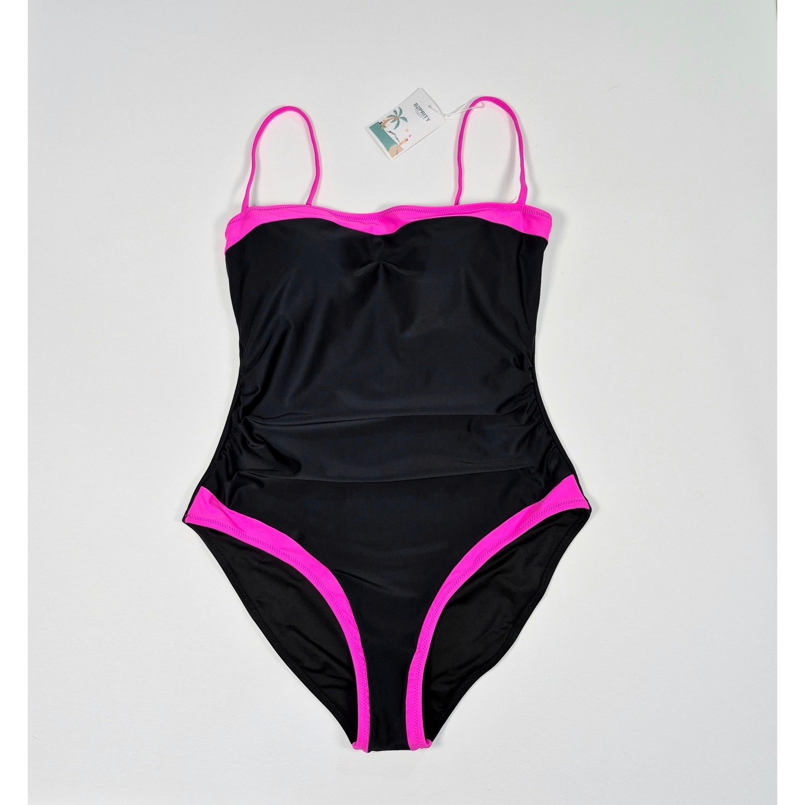 B2prity One Piece Swimsuit Black Pink Ruched Tummy Control Nwt Large